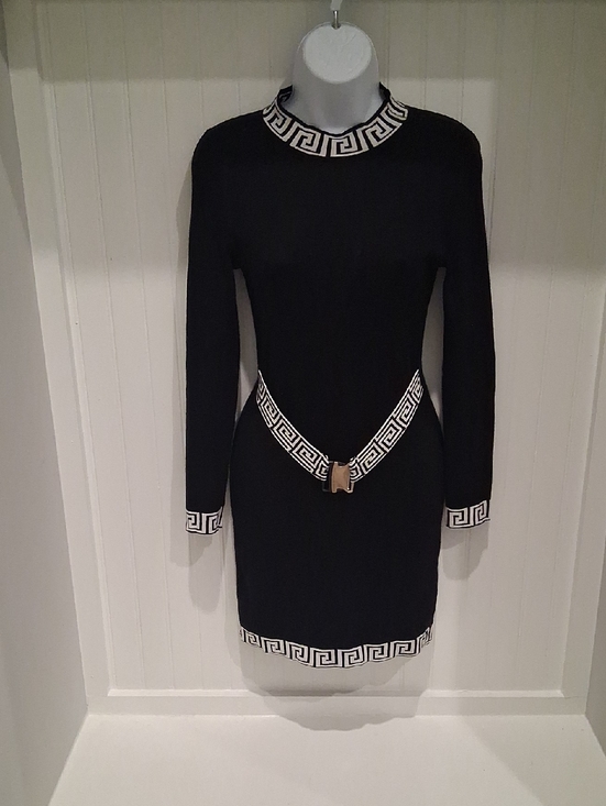 Jolie & Joy by FCT With Love Dresses & Skirts - Black Long-Sleeve Knit Dress with Contrasting Greek Key Trim
